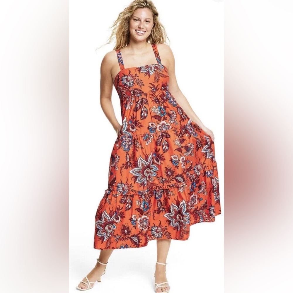 Women’s Leafy Floral Print Tiered Midi Dress - RHODE x Target Dark Orange/Blue S